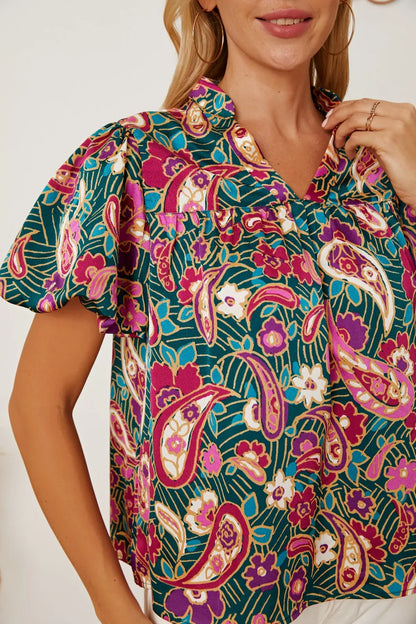 Floral Collared Neck Short Sleeve Blouse - Fashorio