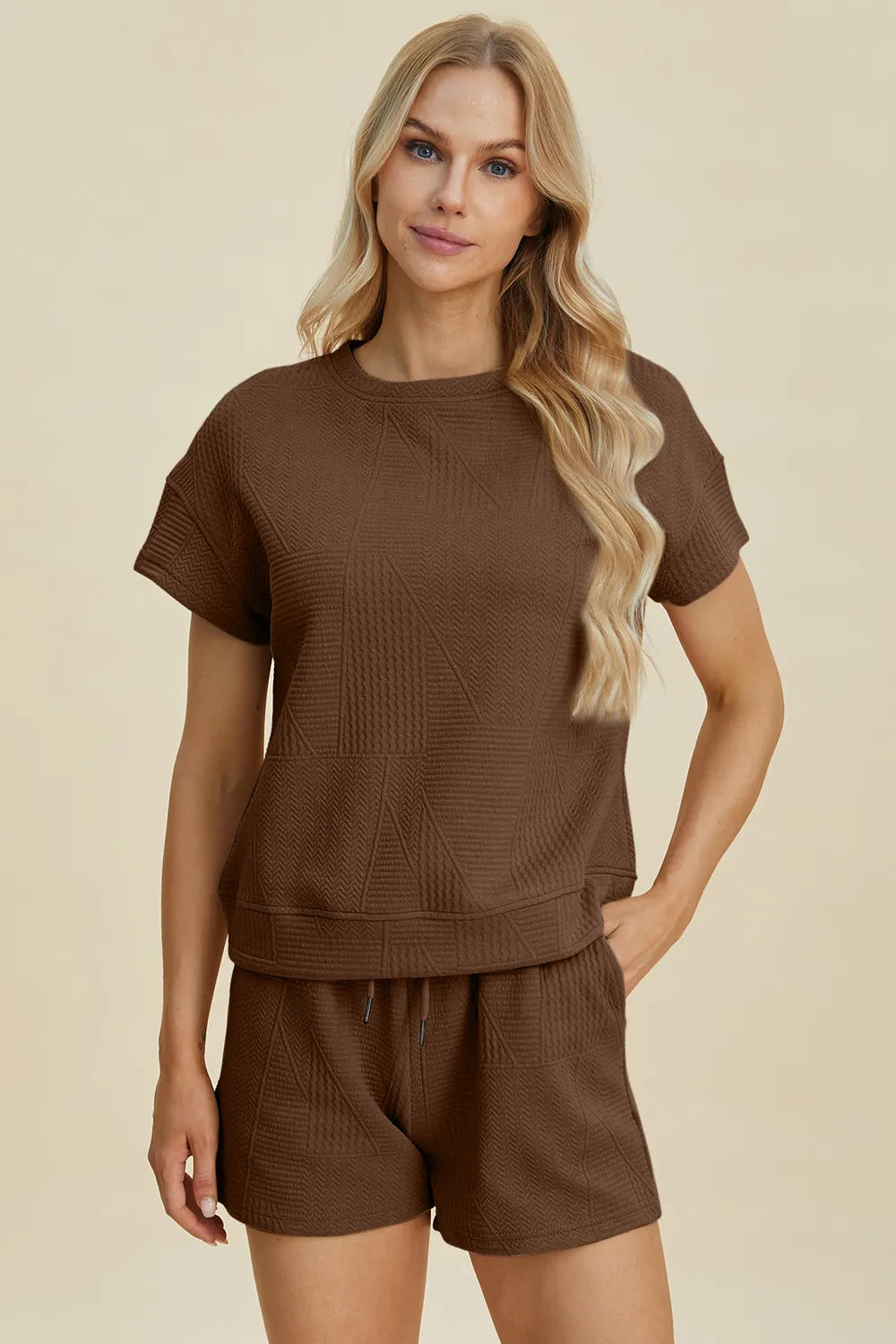Textured Short Sleeve Top and Shorts Two Piece Set, view 26