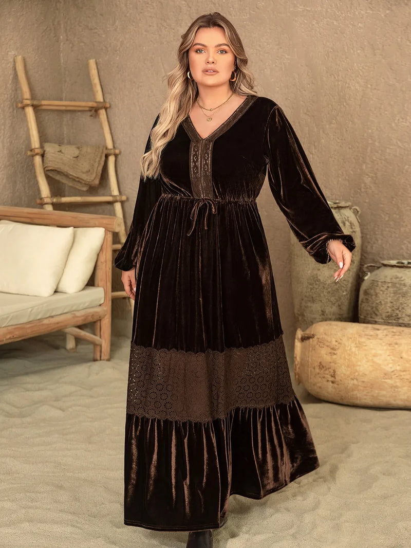 Plus size chocolate V neck balloon sleeve maxi dress, front view