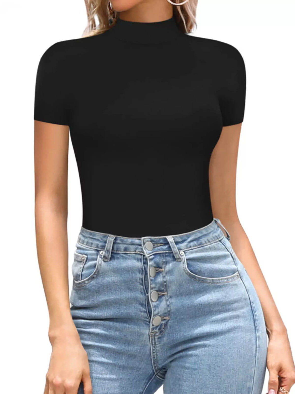 Mock neck short sleeve bodysuit front view