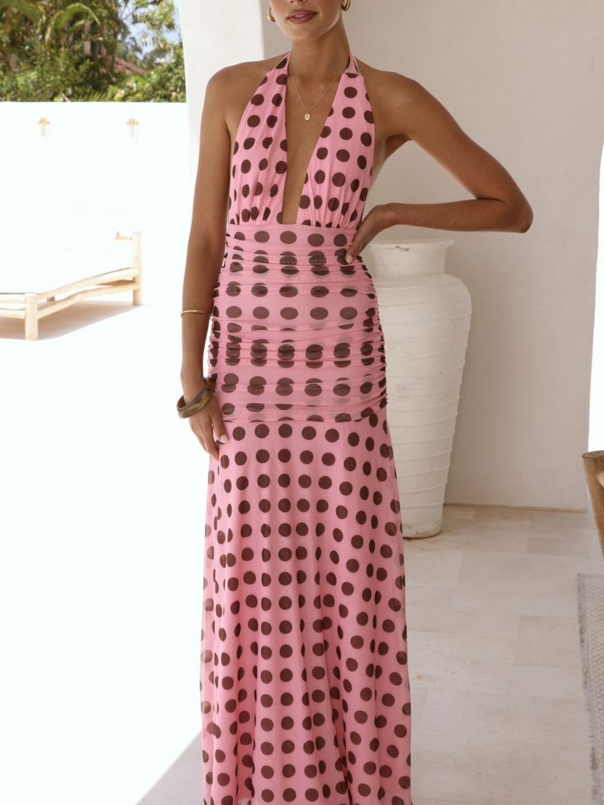 polka dot halter neck ruched maxi dress full length view