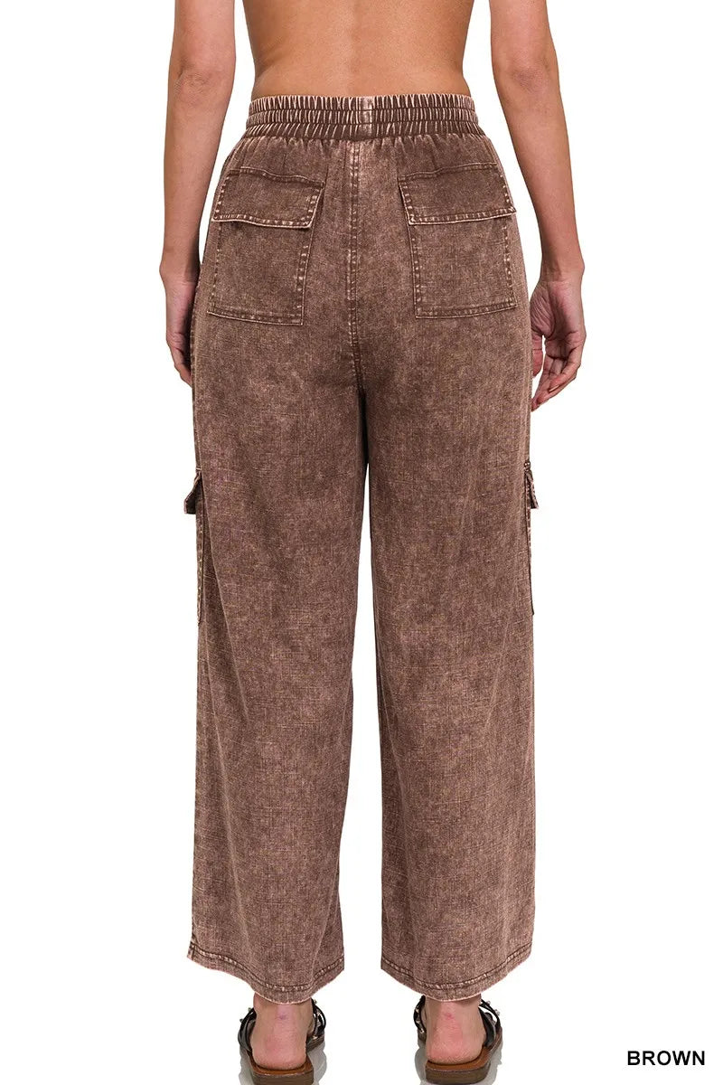 Zenana Washed Linen Elastic Band Waist Cargo Pants - Fashorio