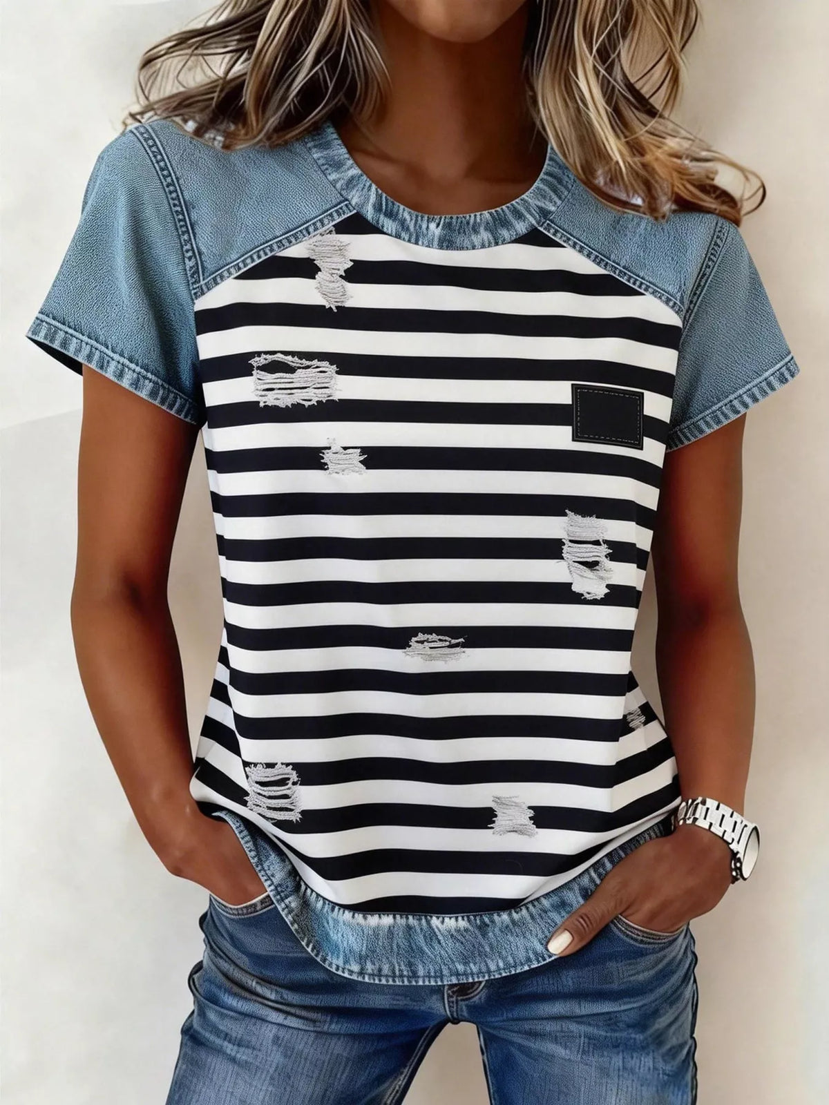 Neckline and shoulder detail on the patchwork blouse