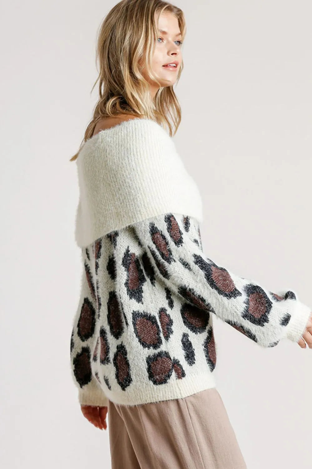 Leopard Off Shoulder Long Sleeve Sweater Plus Size in Cream back view