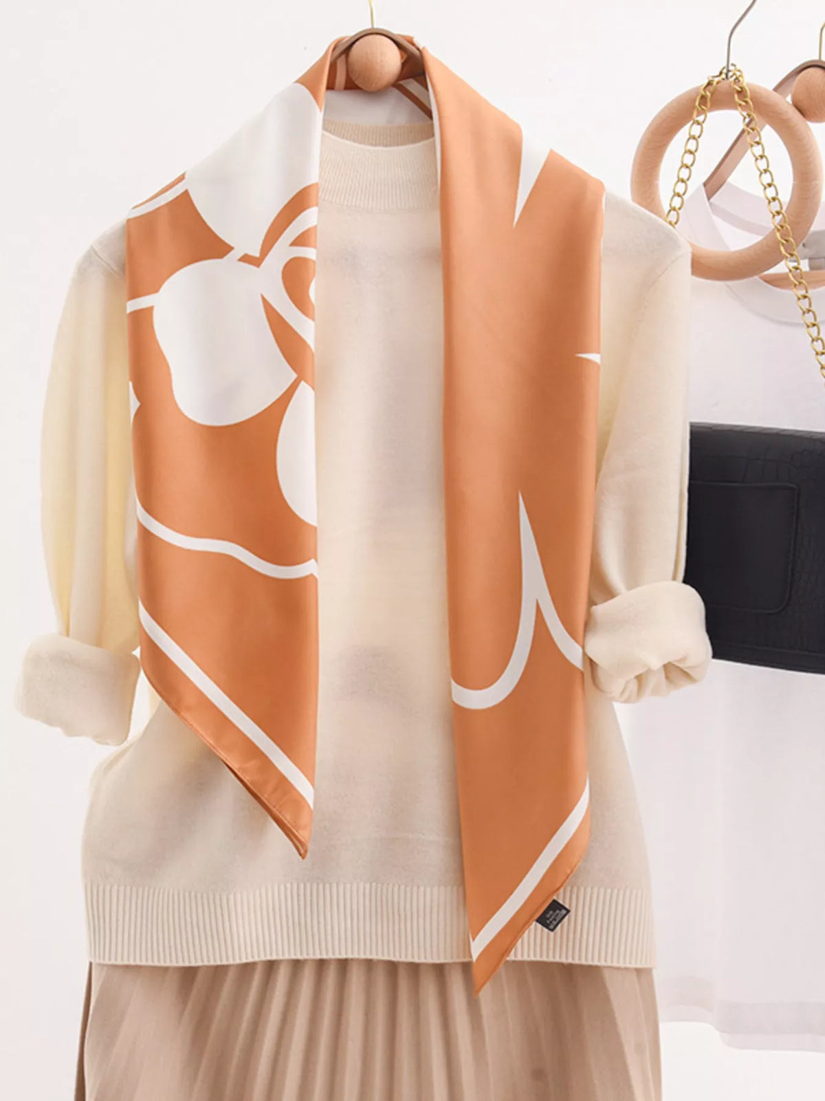 Silky neck scarf styled with a blouse