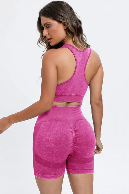 3 Piece Washed Square Neck Wide Strap Active Set - Fashorio