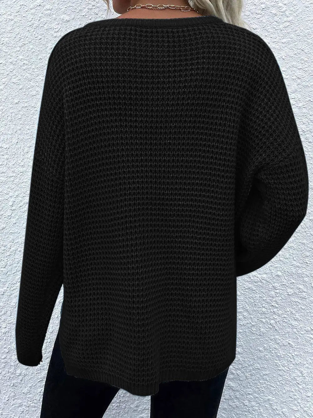 Notched Long Sleeve Sweater - Fashorio