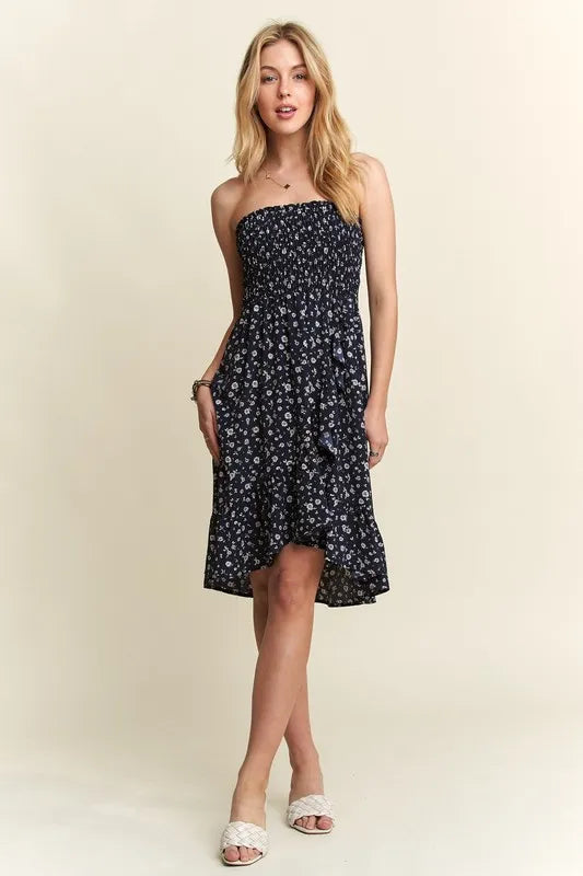 Smocked Floral Tube Dress with Pockets in Navy close up