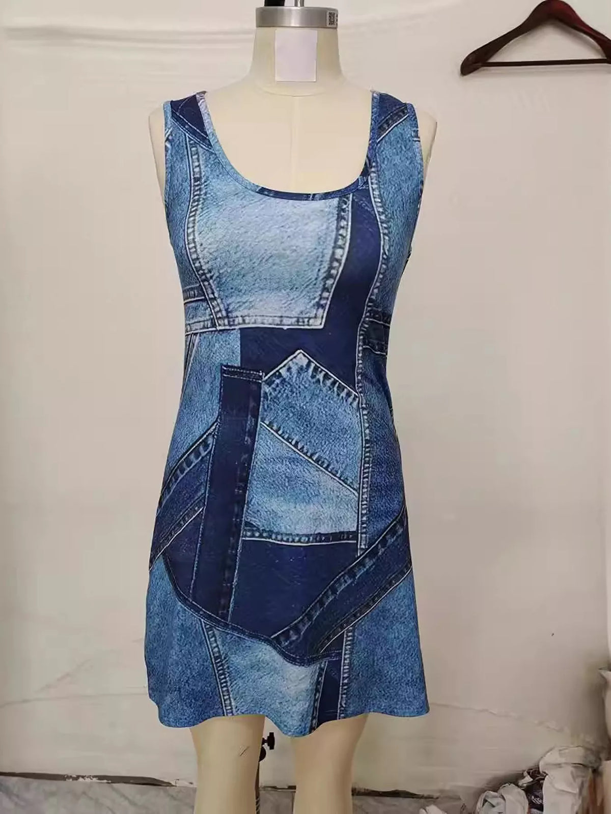 Close up of the patchwork print and seam detail
