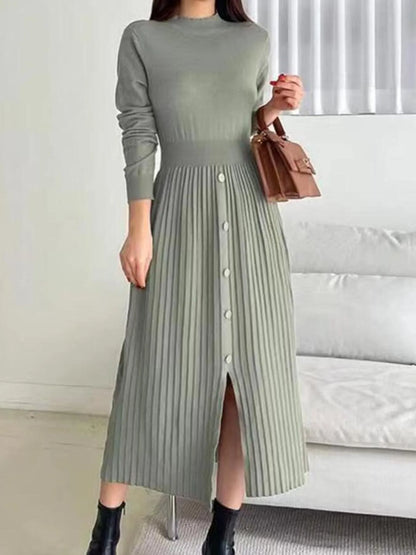 Slit Front Mock Neck Long Sleeve Knit Dress Green - Fashorio