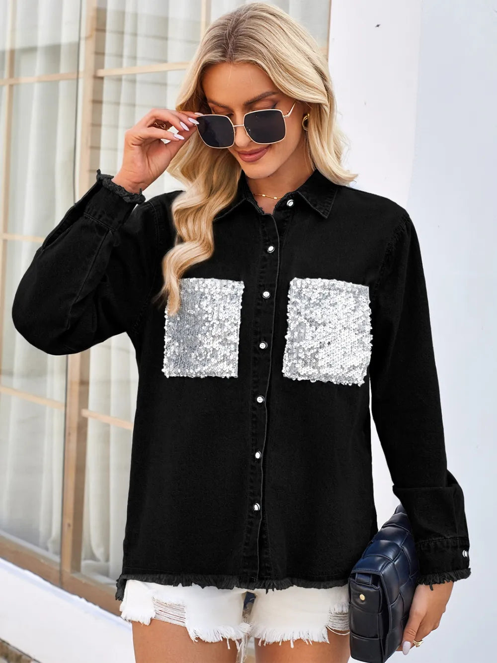 Raw Hem Denim Jacket with Sequin Pockets in Black back view