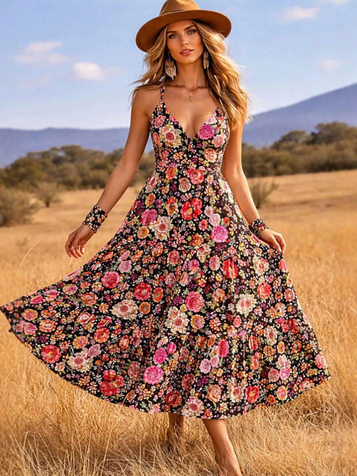 Pink floral print V neck tiered midi dress detail view