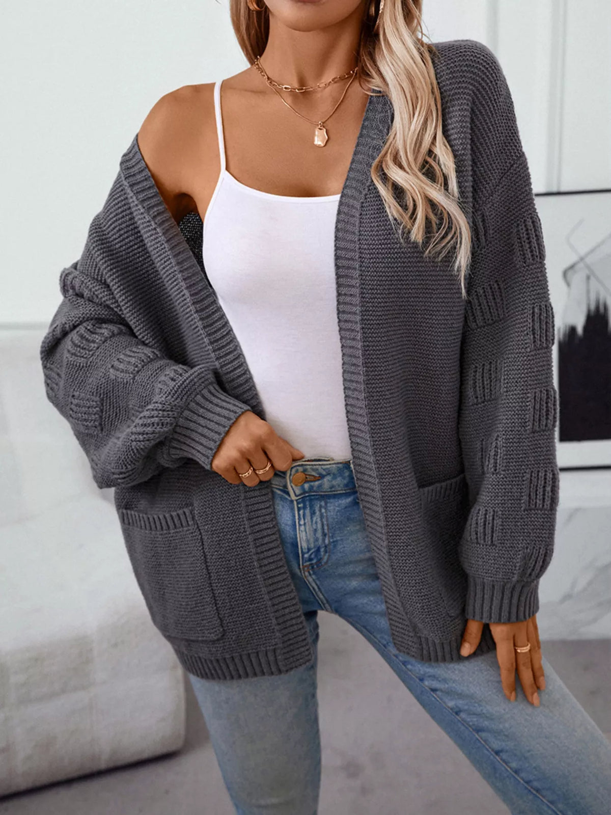 textured knit open front cardigan styled outfit view