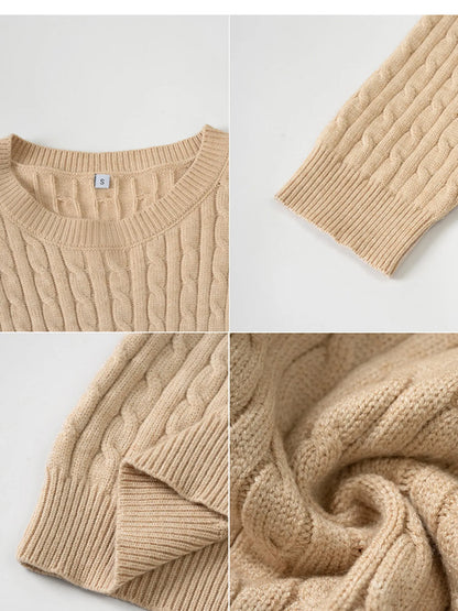 Cable-Knit Round Neck Pullover Sweater - Fashorio