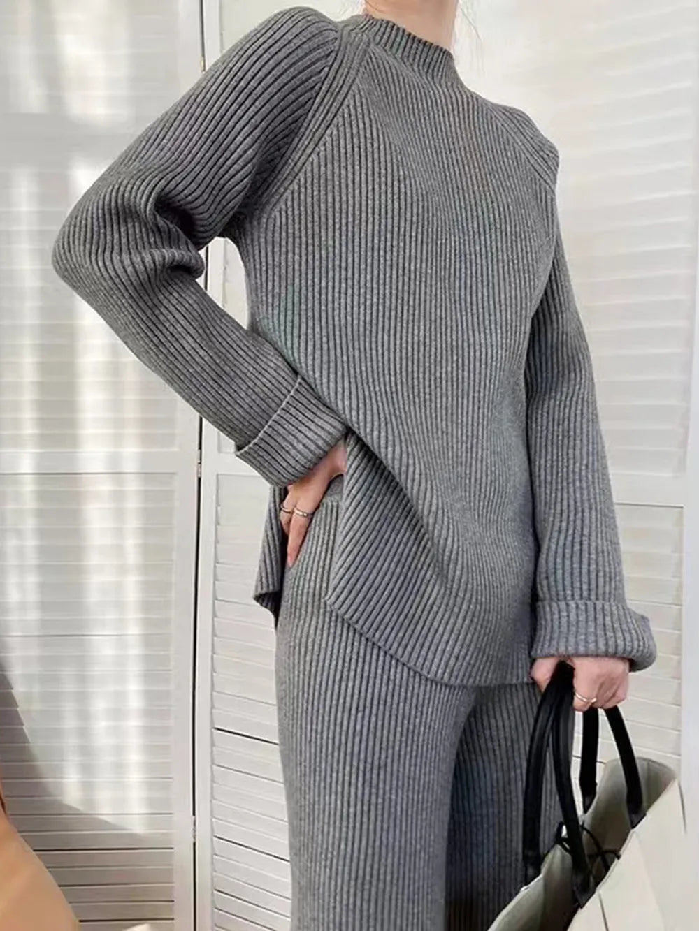 Mock Neck Raglan Sleeve Top and Pants Sweater Set Dark Gray One Size - Fashorio