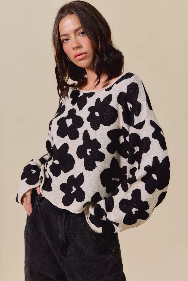 Floral Loose Fit Lightweight Sweater Top in Black and Oatmeal side view