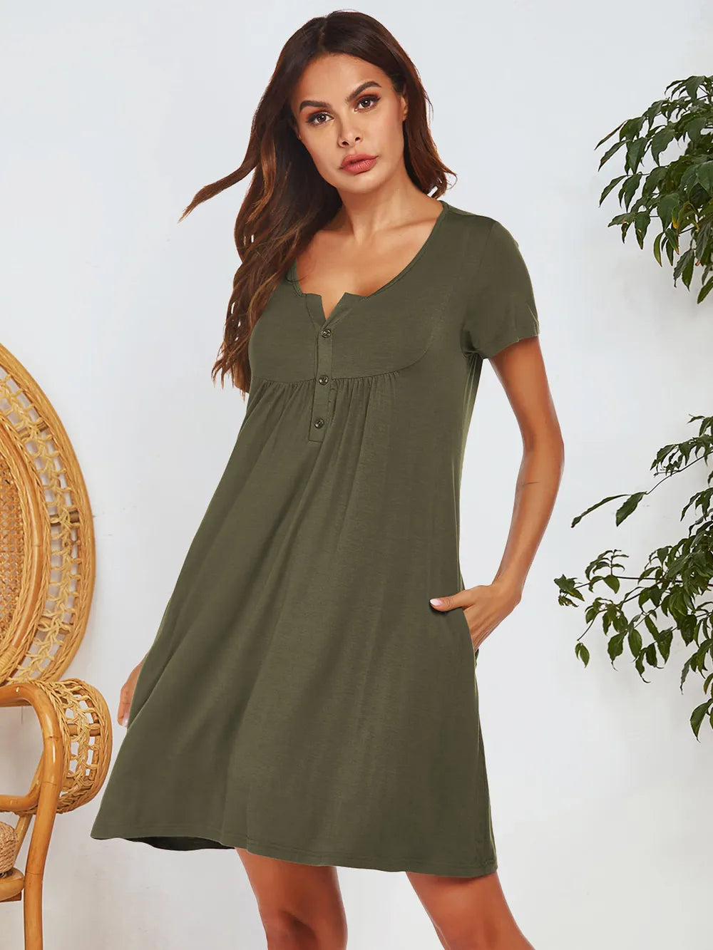 Notched Short Sleeve Mini Lounge Dress - Fashorio