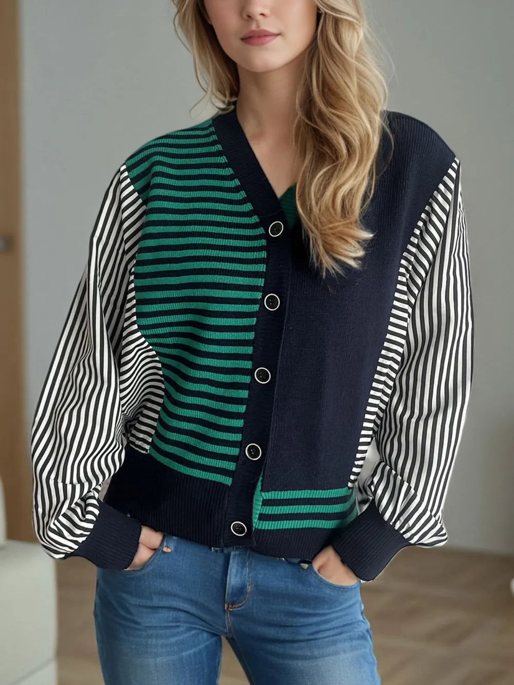 Striped Button Down Long Sleeve Cardigan Dark Green One Size - Fashorio