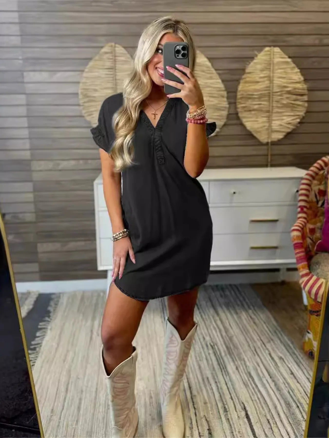 Full Size V-Neck Short Sleeve Denim Dress Plus Size Black - Fashorio