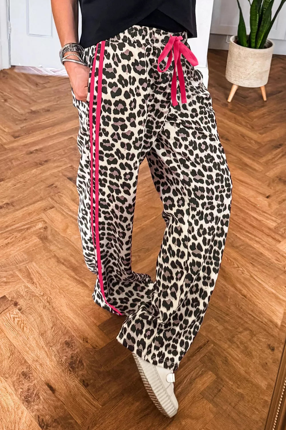 Leopard print drawstring waist casual pants side view