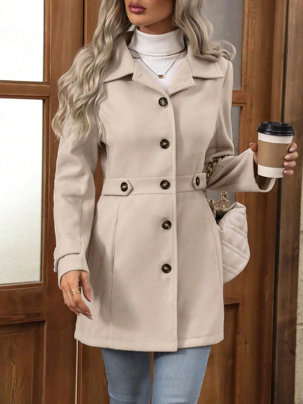 Side view of button up coat