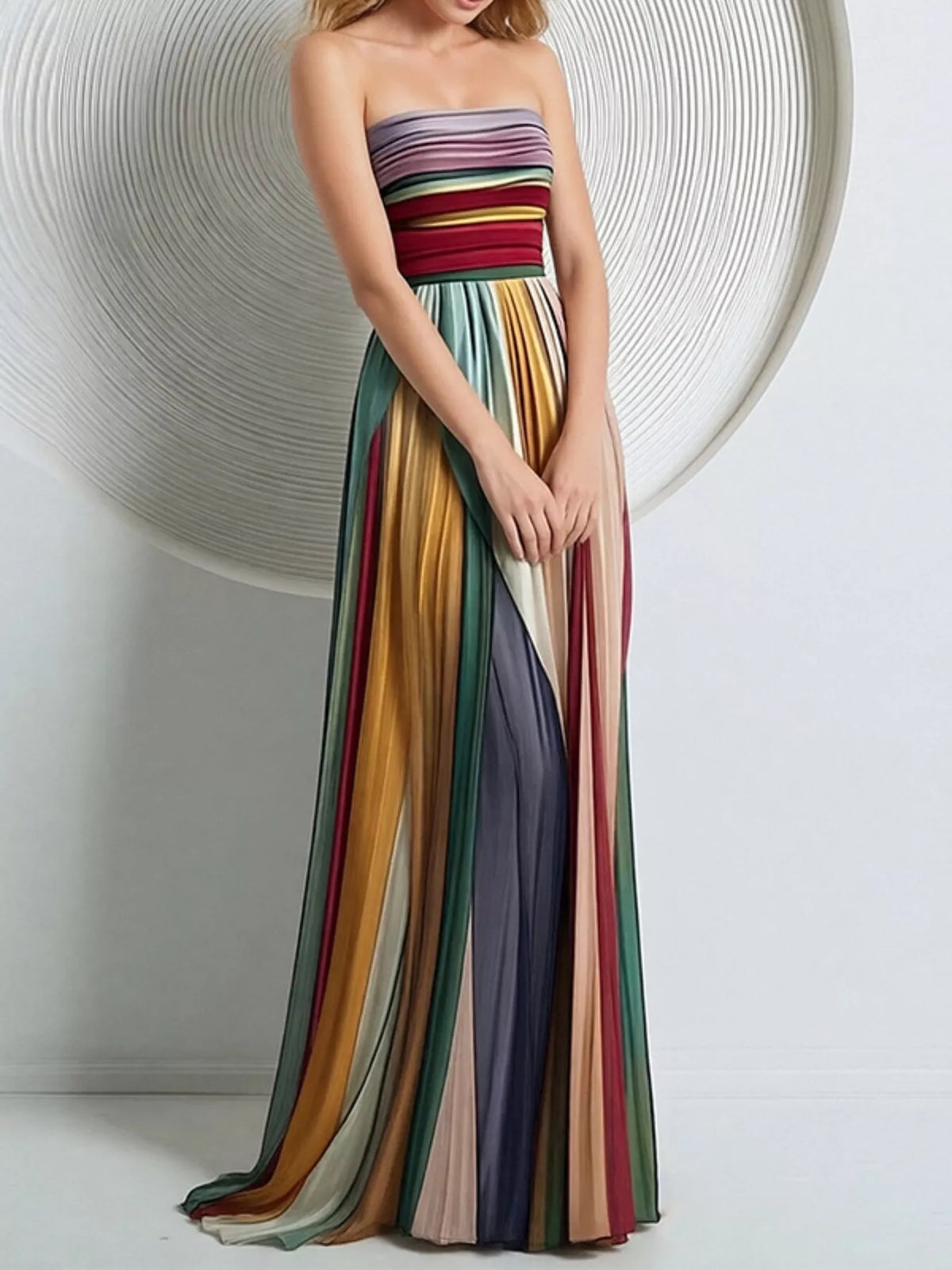 Striped strapless maxi dress on model