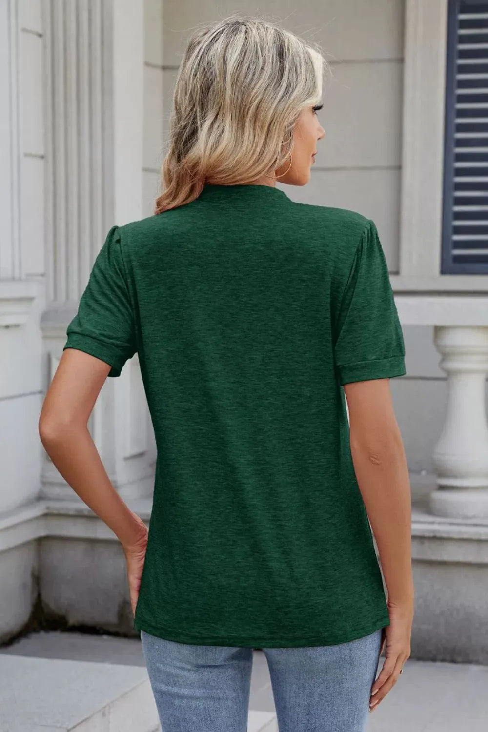 Notched neckline detail on short sleeve top