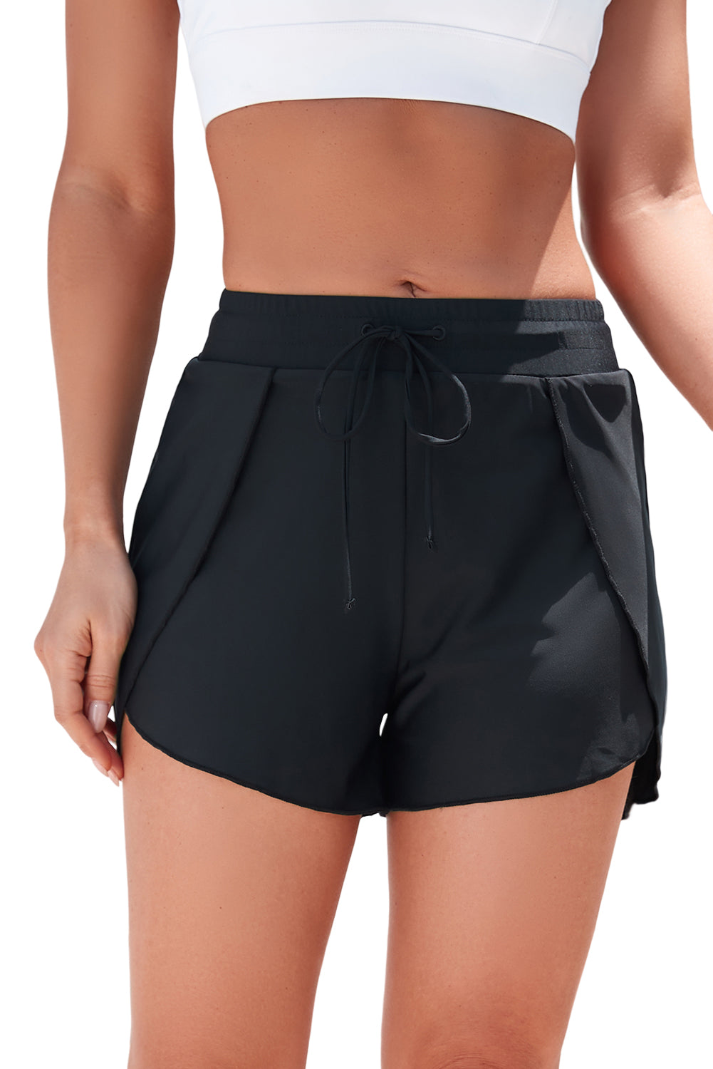 Black lined swim shorts angle view