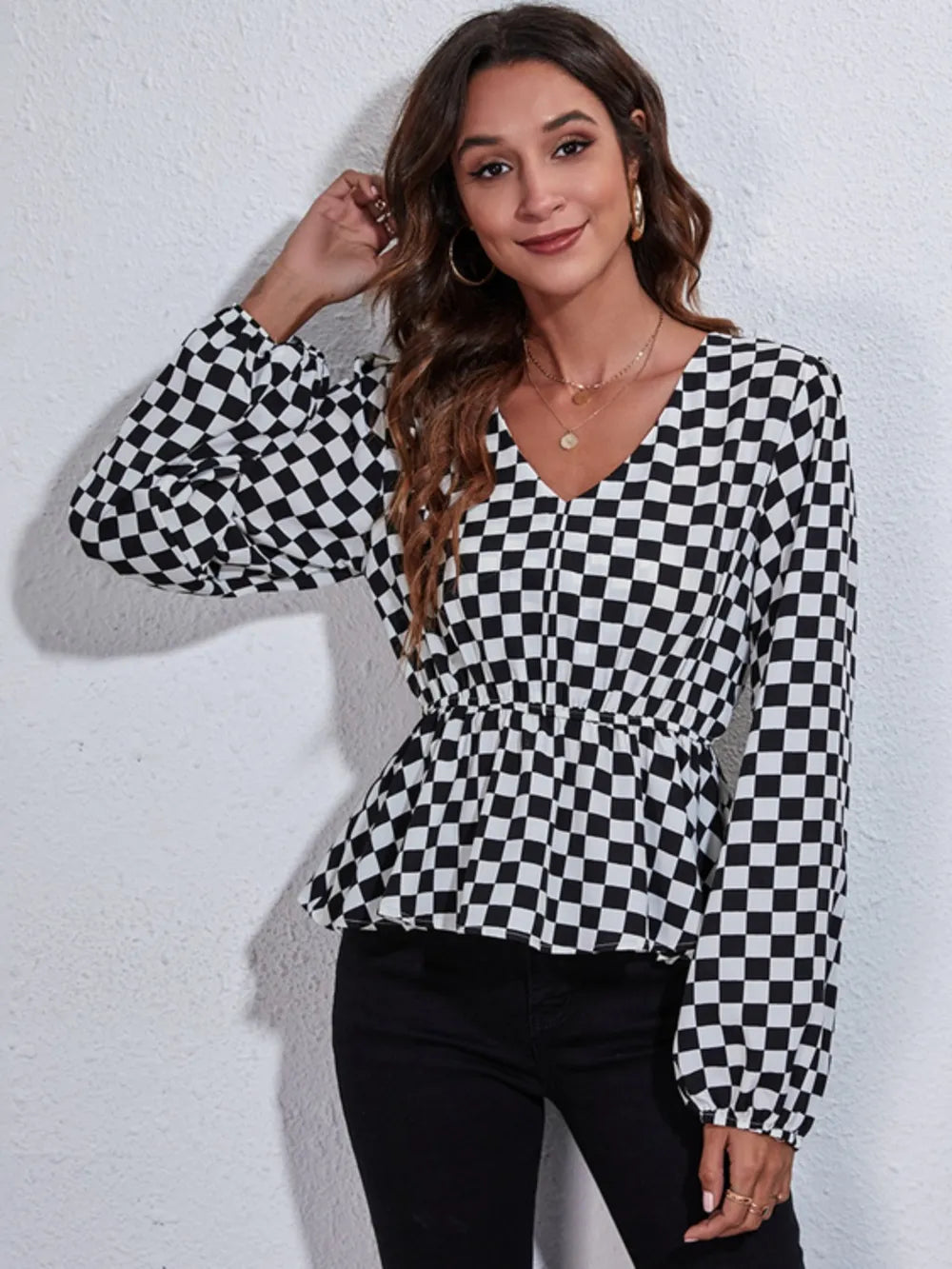 Checkered V-Neck Balloon Sleeve Peplum Blouse - Fashorio