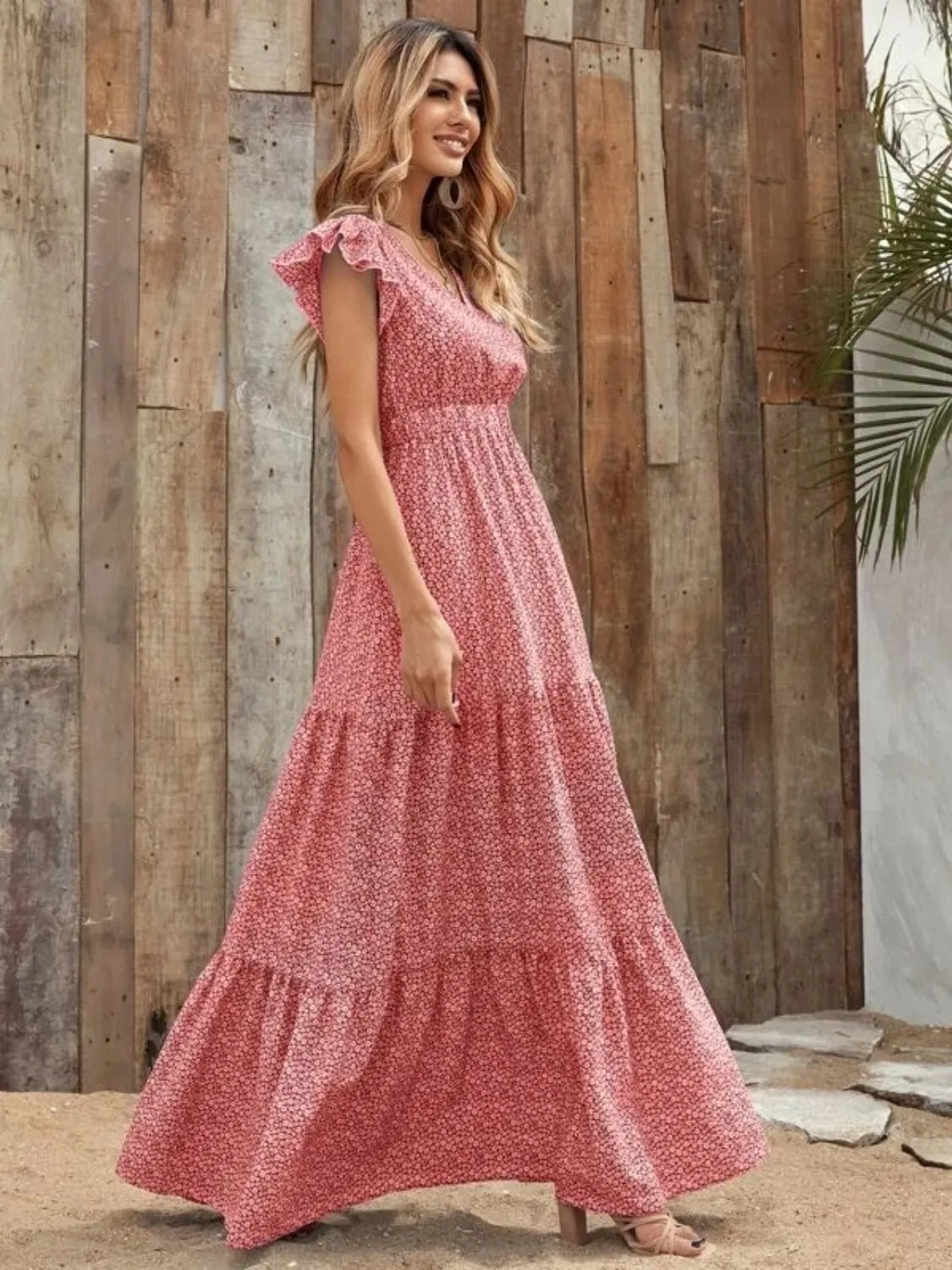 Printed V neck ruffle cap sleeve maxi dress three quarter view