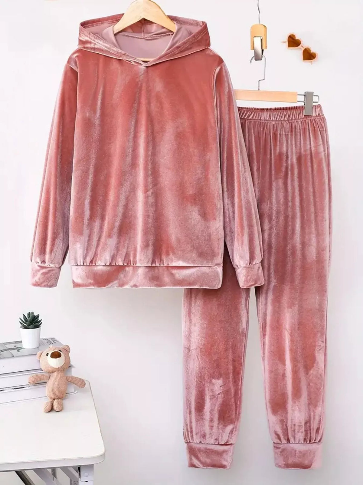 Velvet hoodie and pants two piece set front view