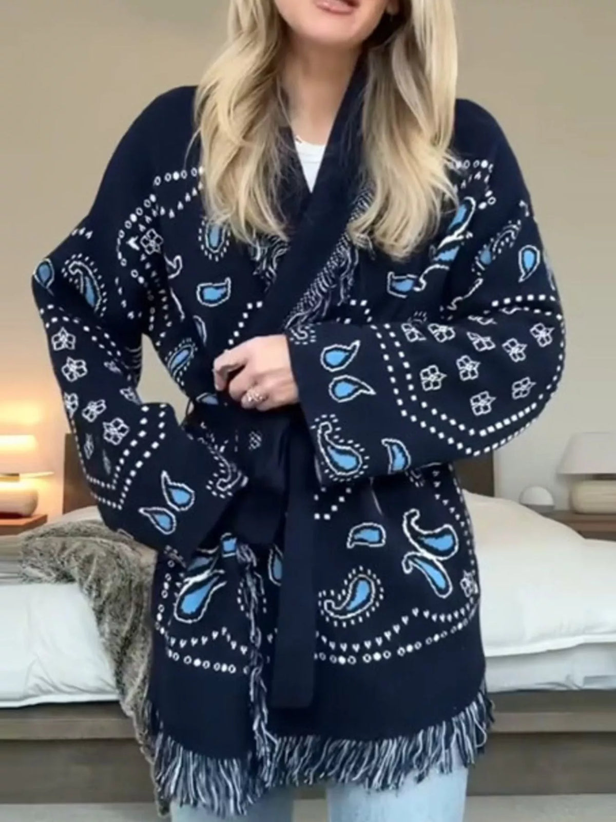 Dark blue fringe cardigan back view