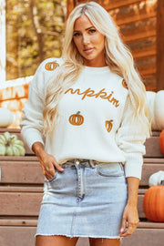 Pumpkin Embroidery Long Sleeve Sweater White - Fashorio