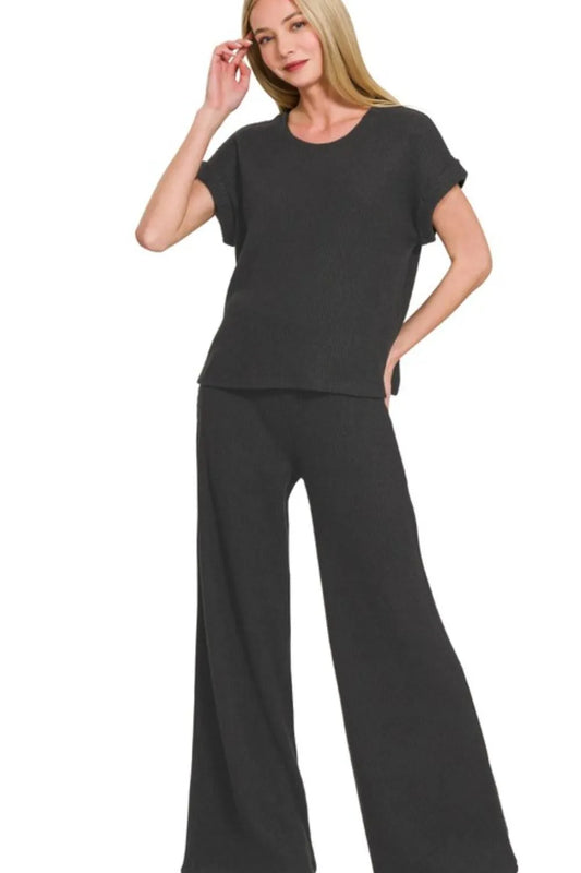 Zenana Rolled Sleeve Top and Pants Sweater Set BLACK - Fashorio