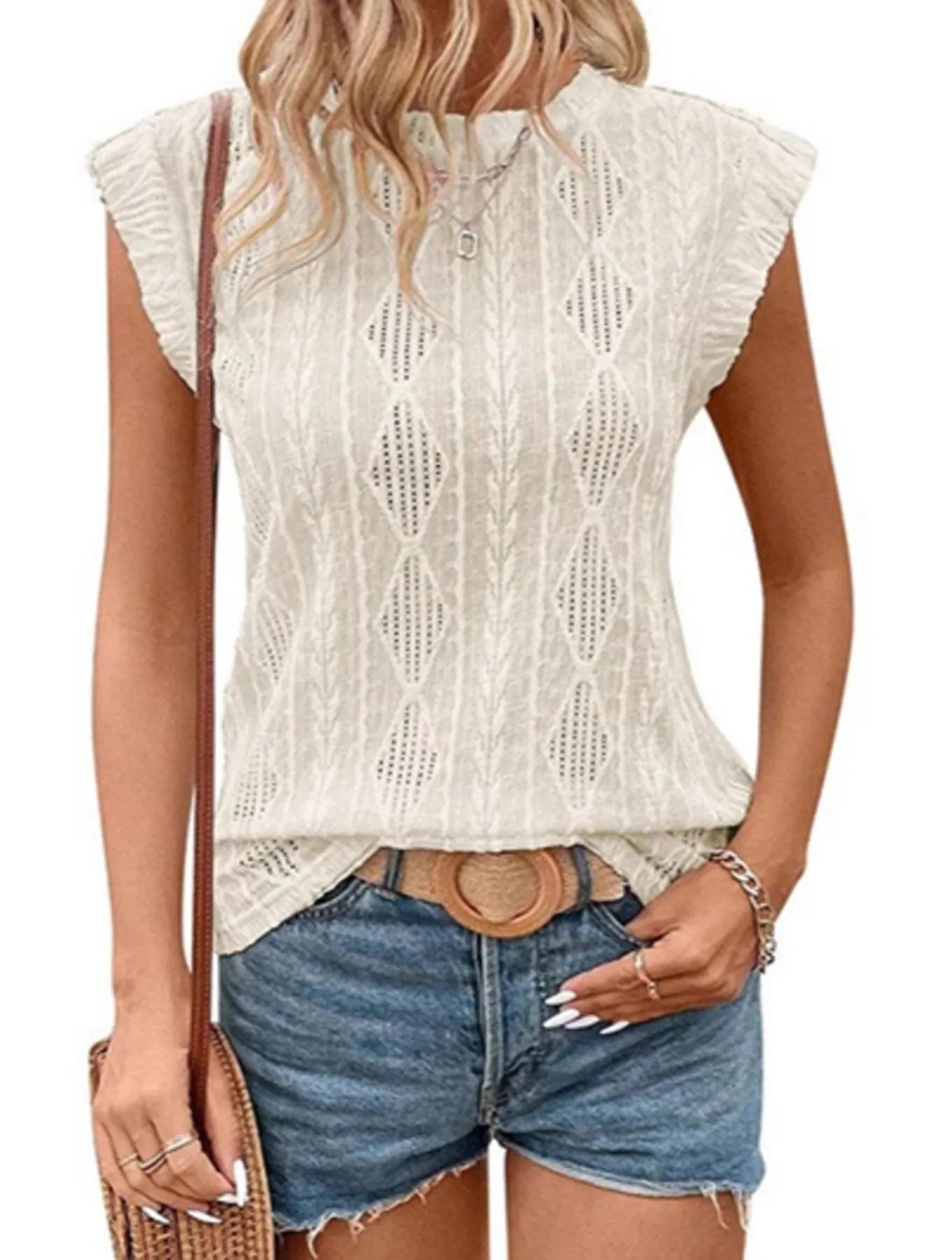 Openwork Round Neck Top Milky White - Fashorio