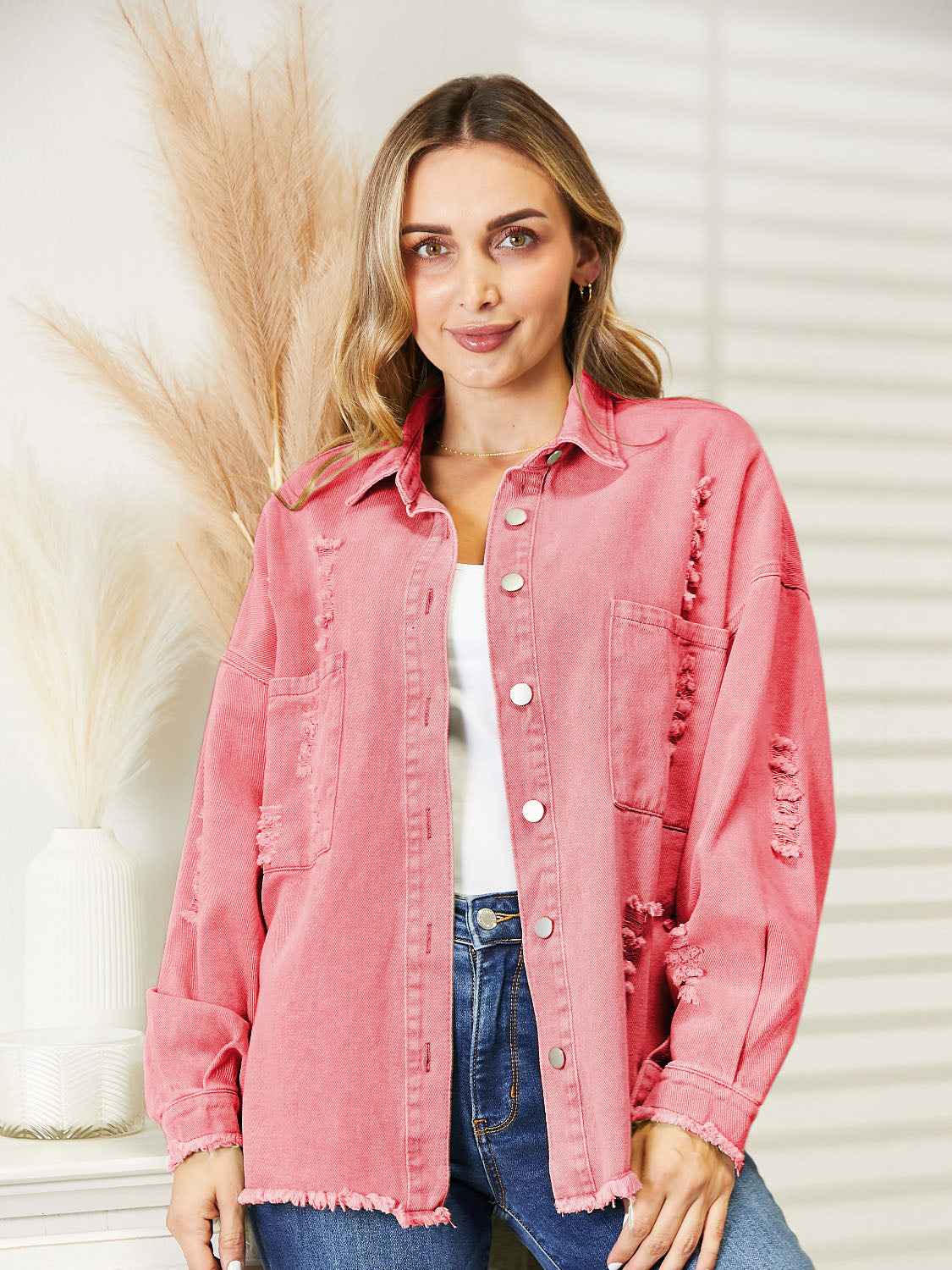Distressed Raw Hem Denim Jacket Blush Pink - Fashorio