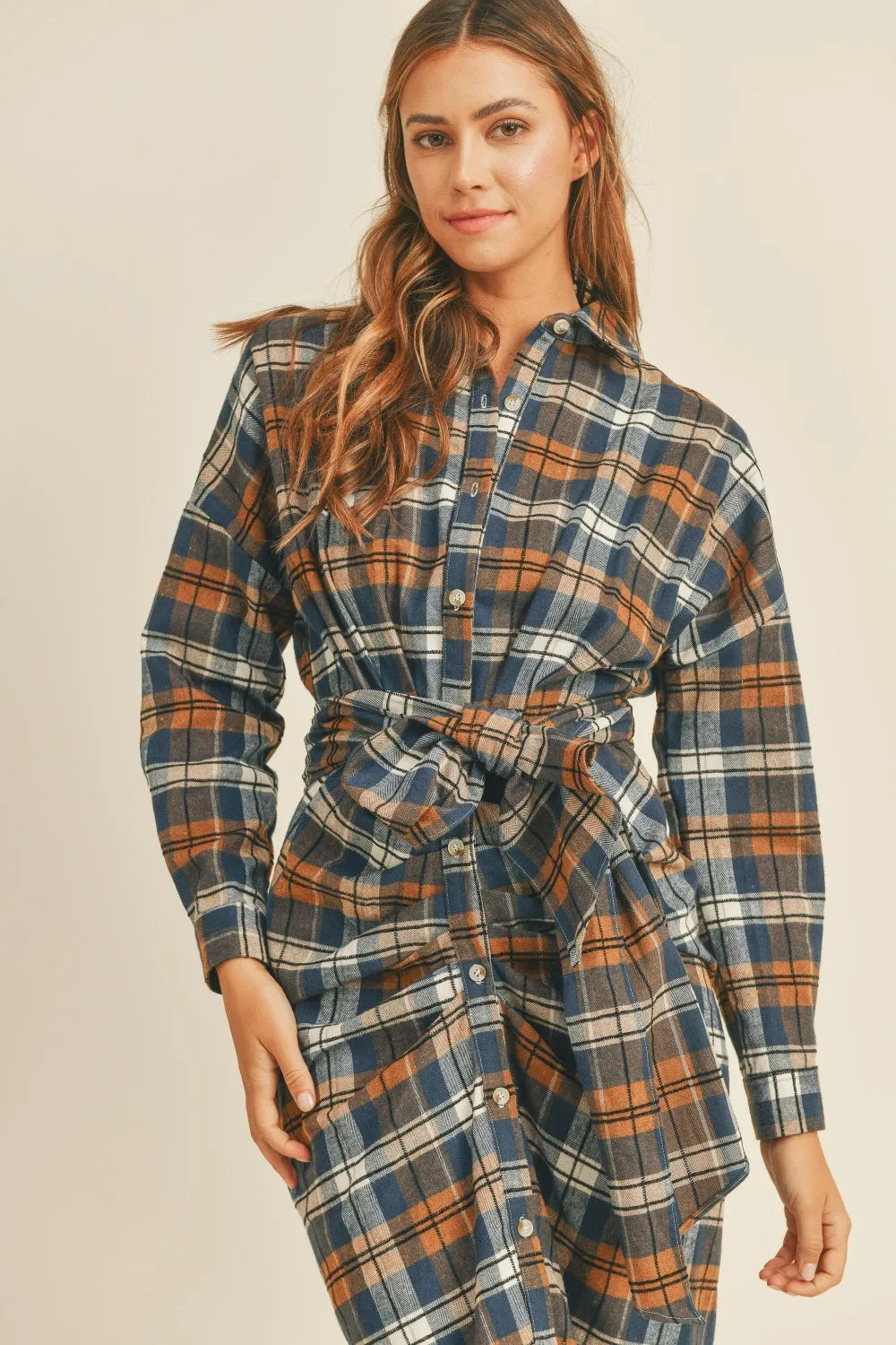 Plaid Flannel Front Tie Button Down Shirt Dress on model