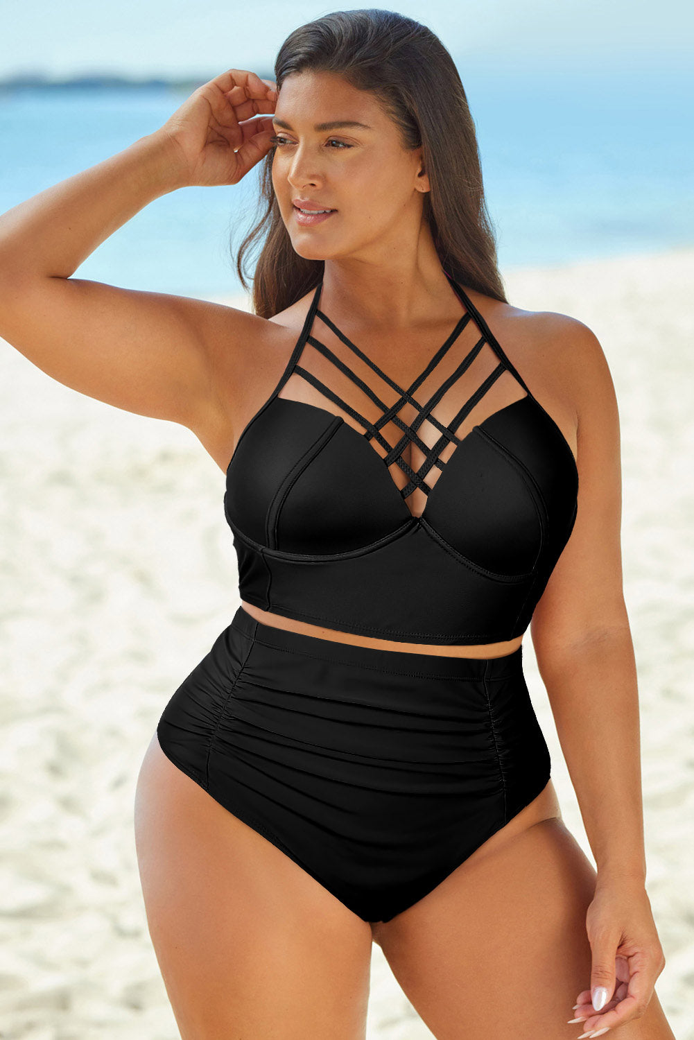 Full Size Halter Neck Crisscross Ruched Two-Piece Swimsuit Black - Fashorio