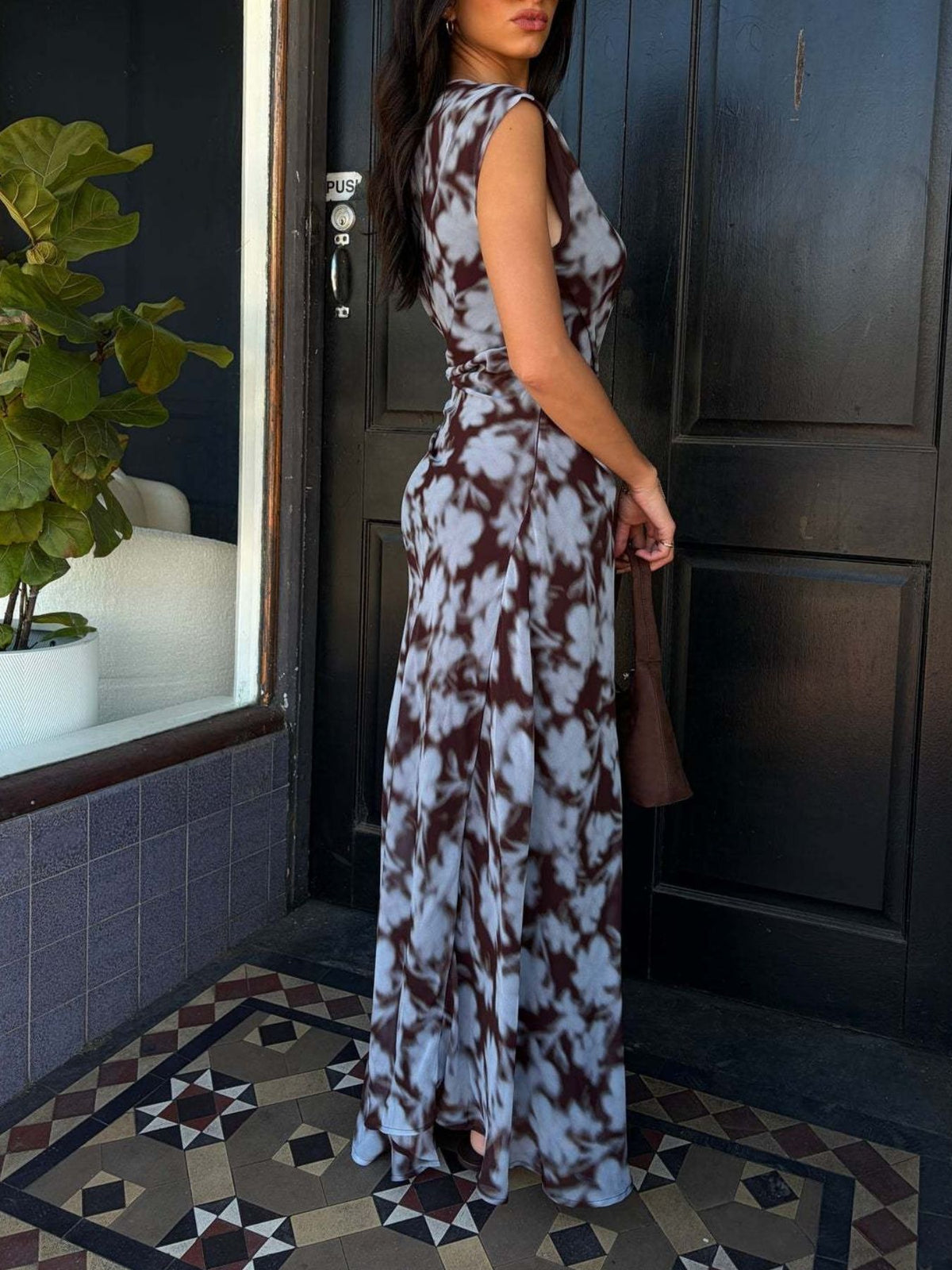one shoulder floral print maxi dress sleeve detail