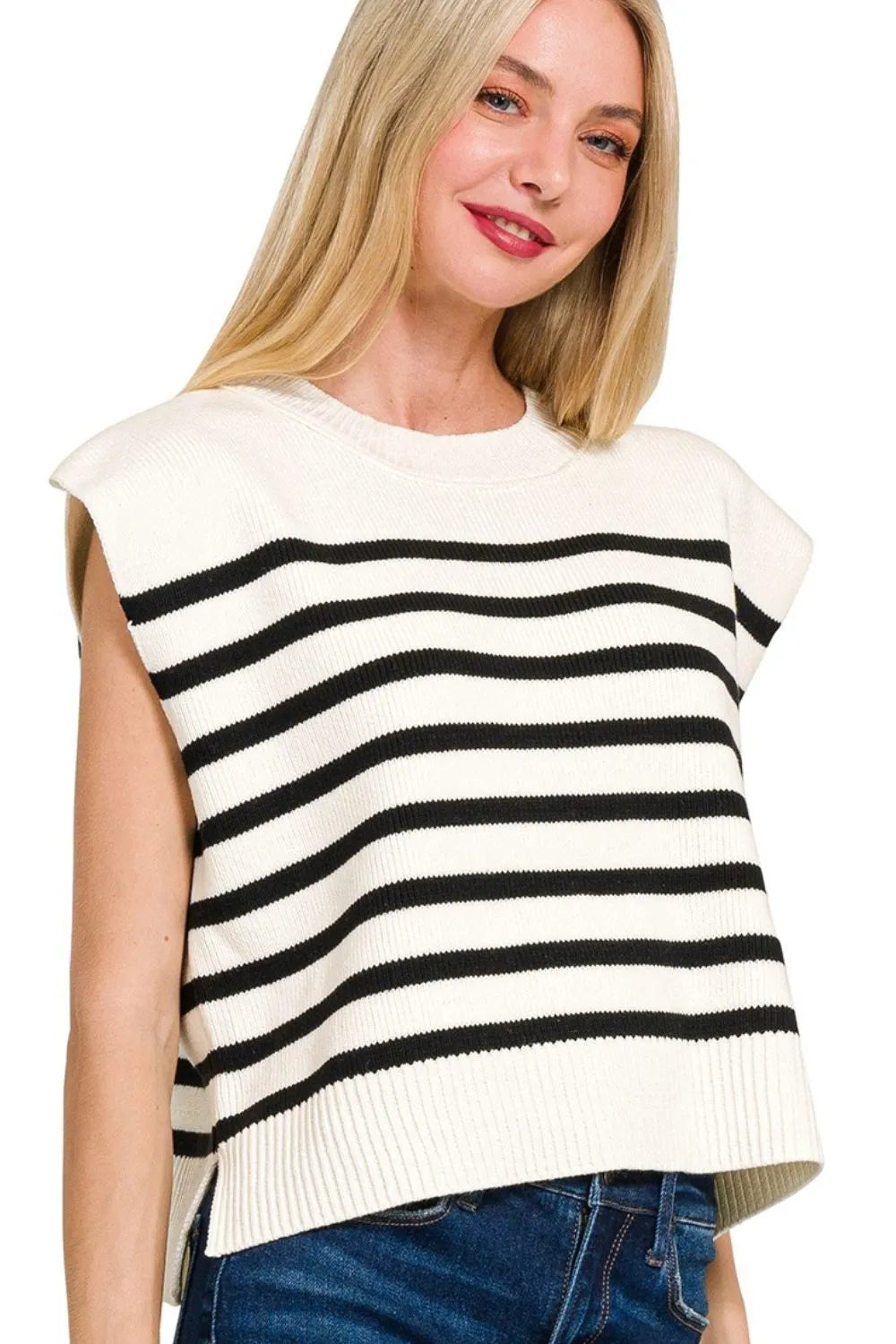 Oversized Striped Crew Neck Sweater Vest in Black