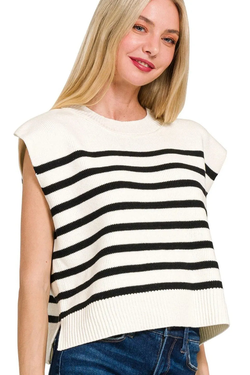 Oversized Striped Crew Neck Sweater Vest in Black