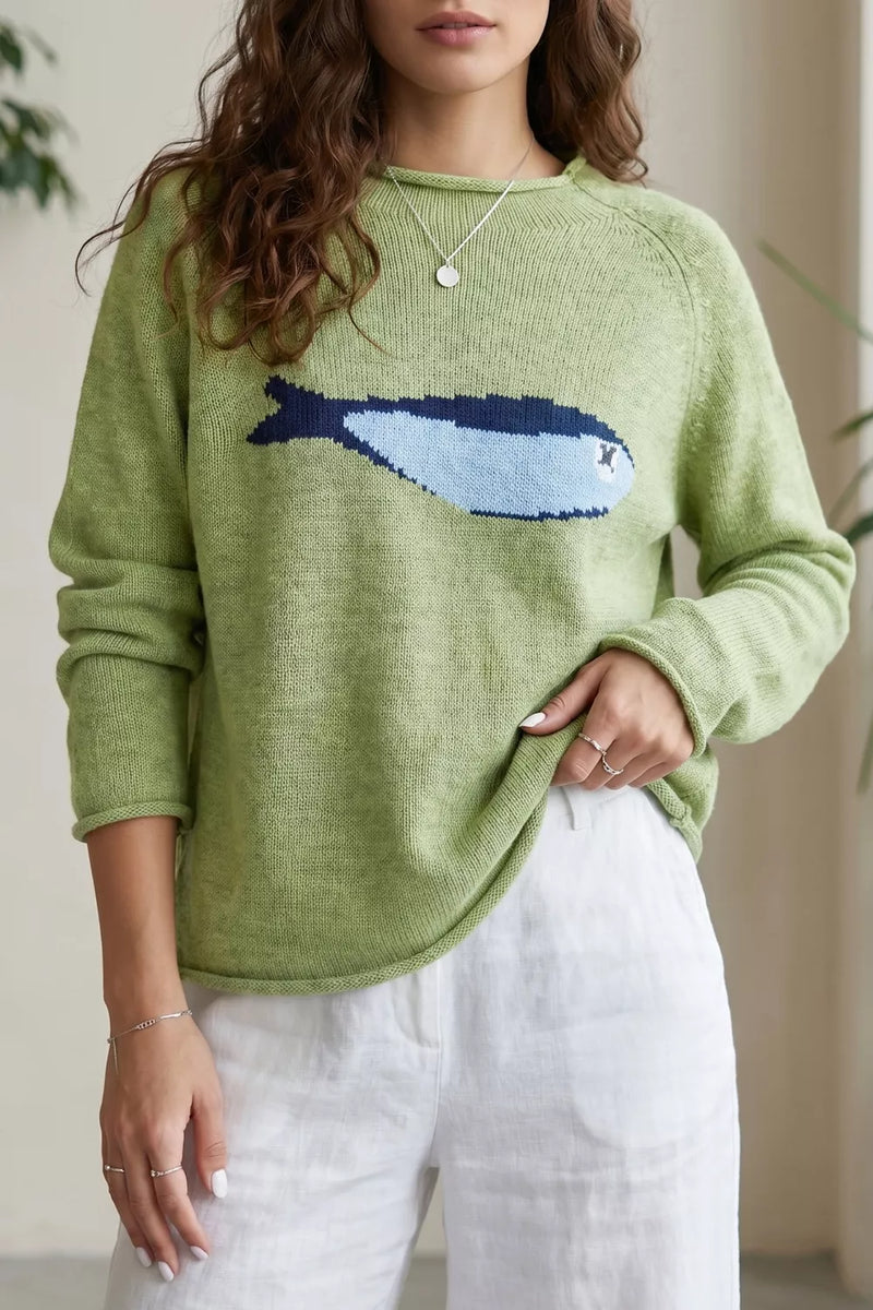 Sage fish graphic round neck sweater front