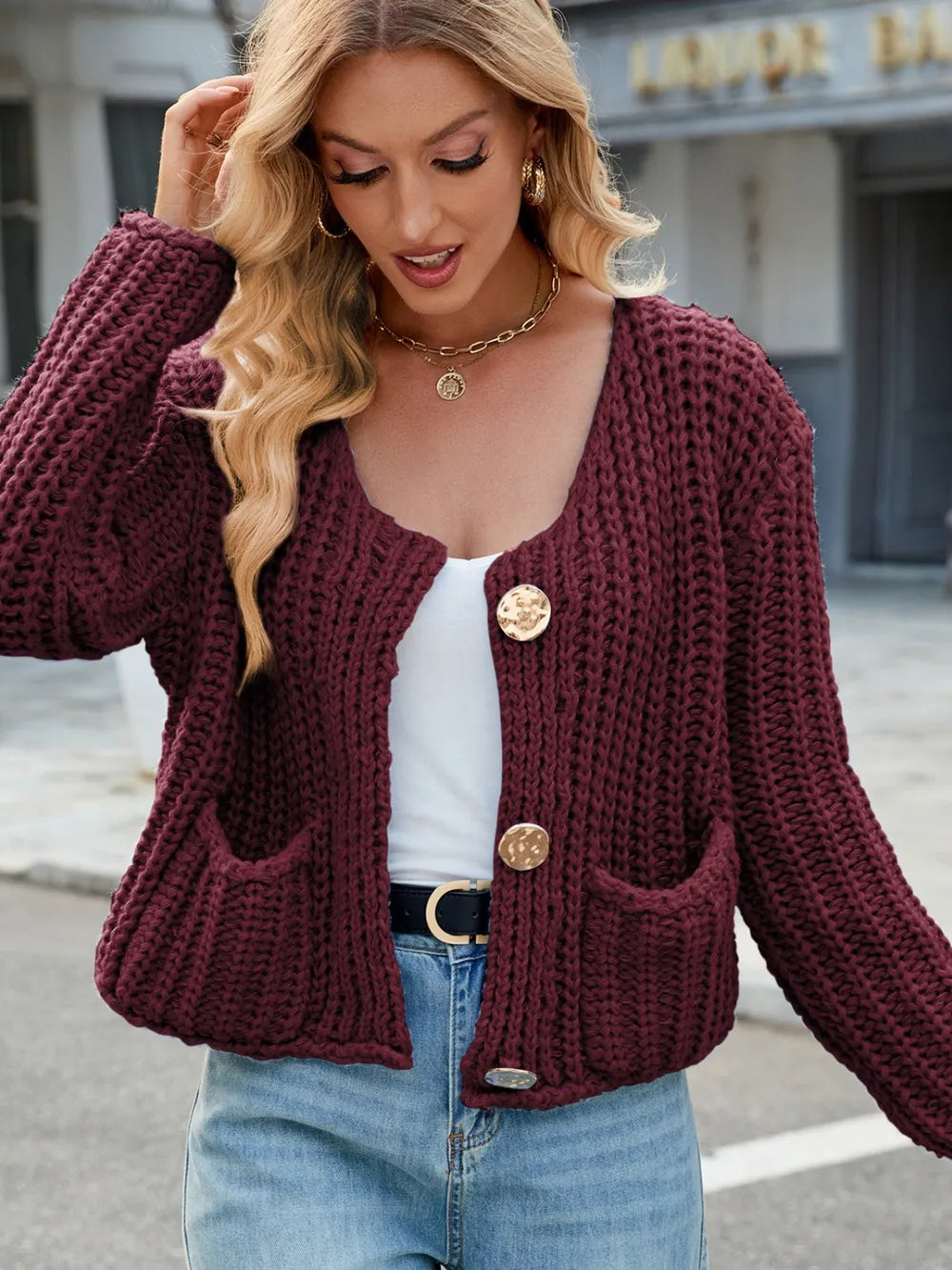 Round Neck Button Up Cardigan with Pockets Burgundy - Fashorio