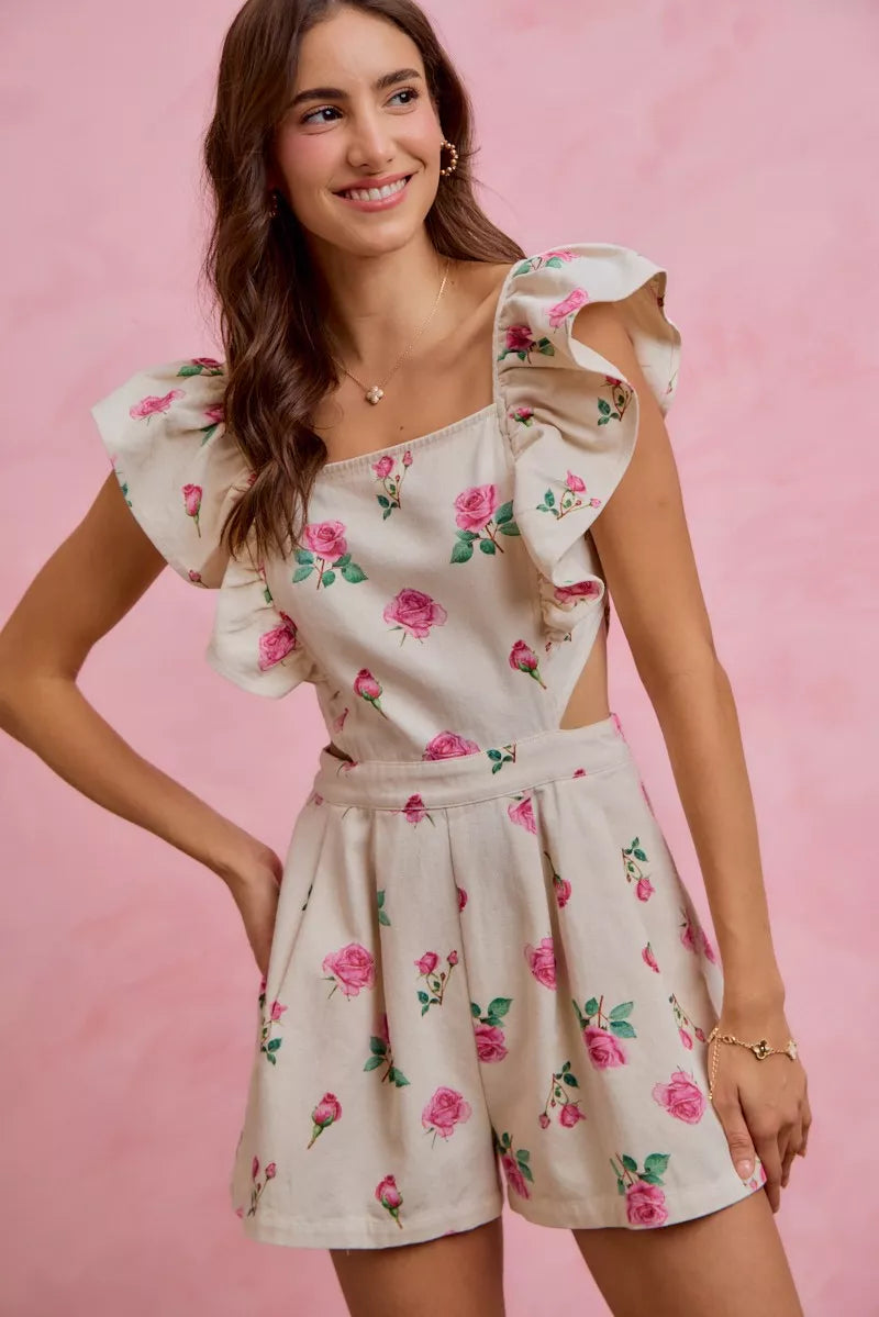 Floral Print Denim Cut Out Waist Ruffled Romper