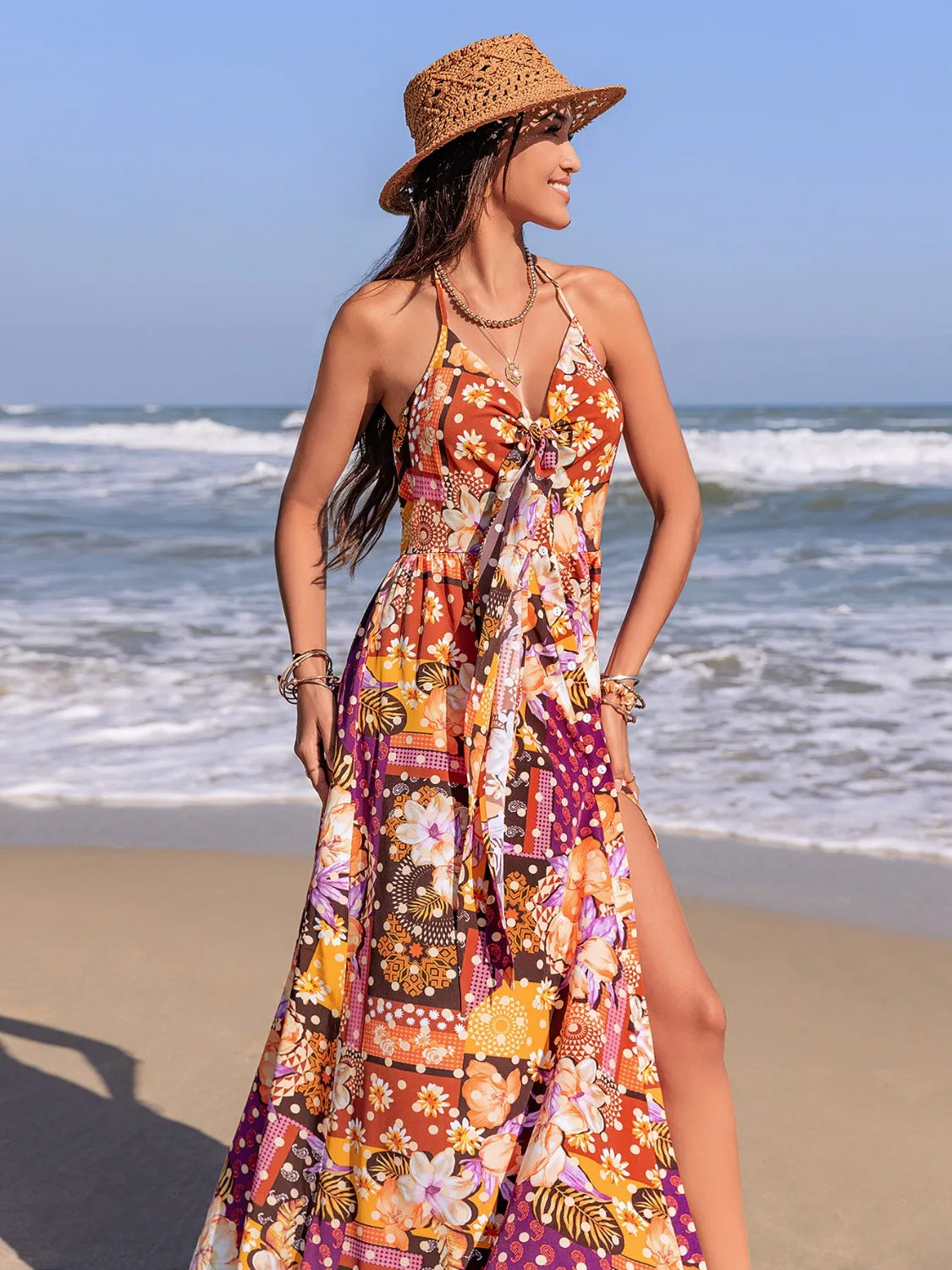 Multicolor halter cami dress on model