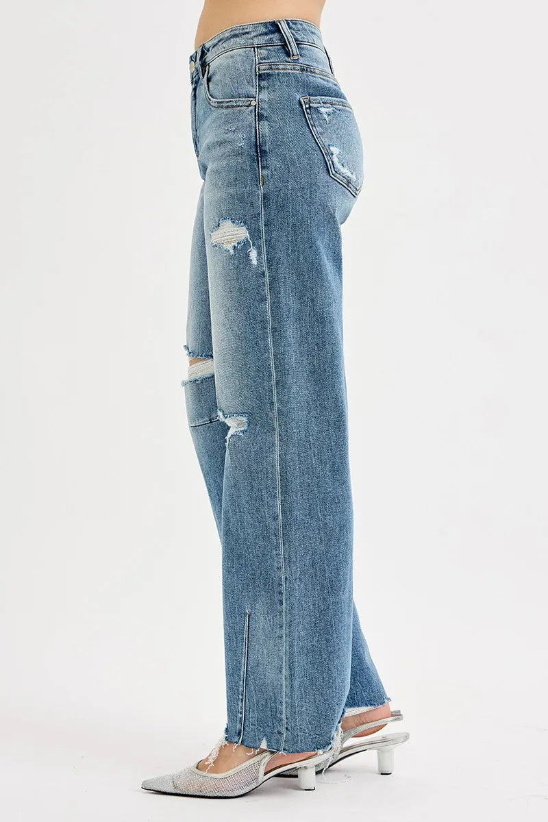 RISEN Full Size Mid Rise Fit Wide Baggy Leg Tie Washed Jeans Plus Size - Fashorio