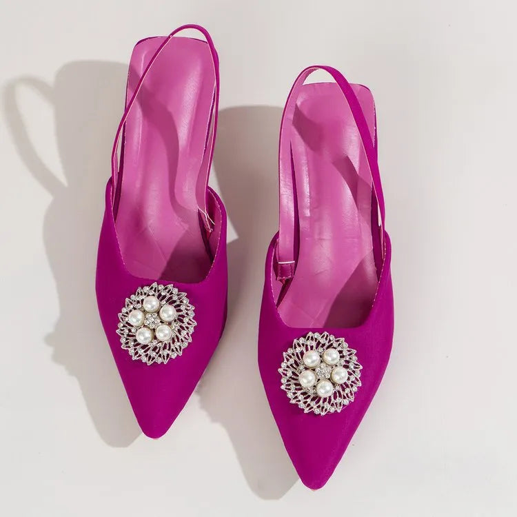 Pearl Detail Point Toe Pumps Rose Red - Fashorio