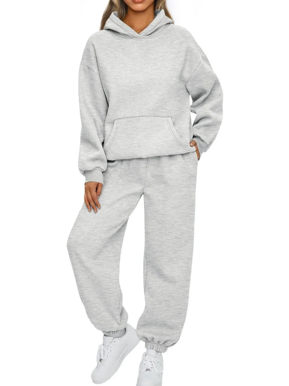 Full Size Kangaroo Pocket Hoodie and Joggers Set Plus Size Light Gray - Fashorio