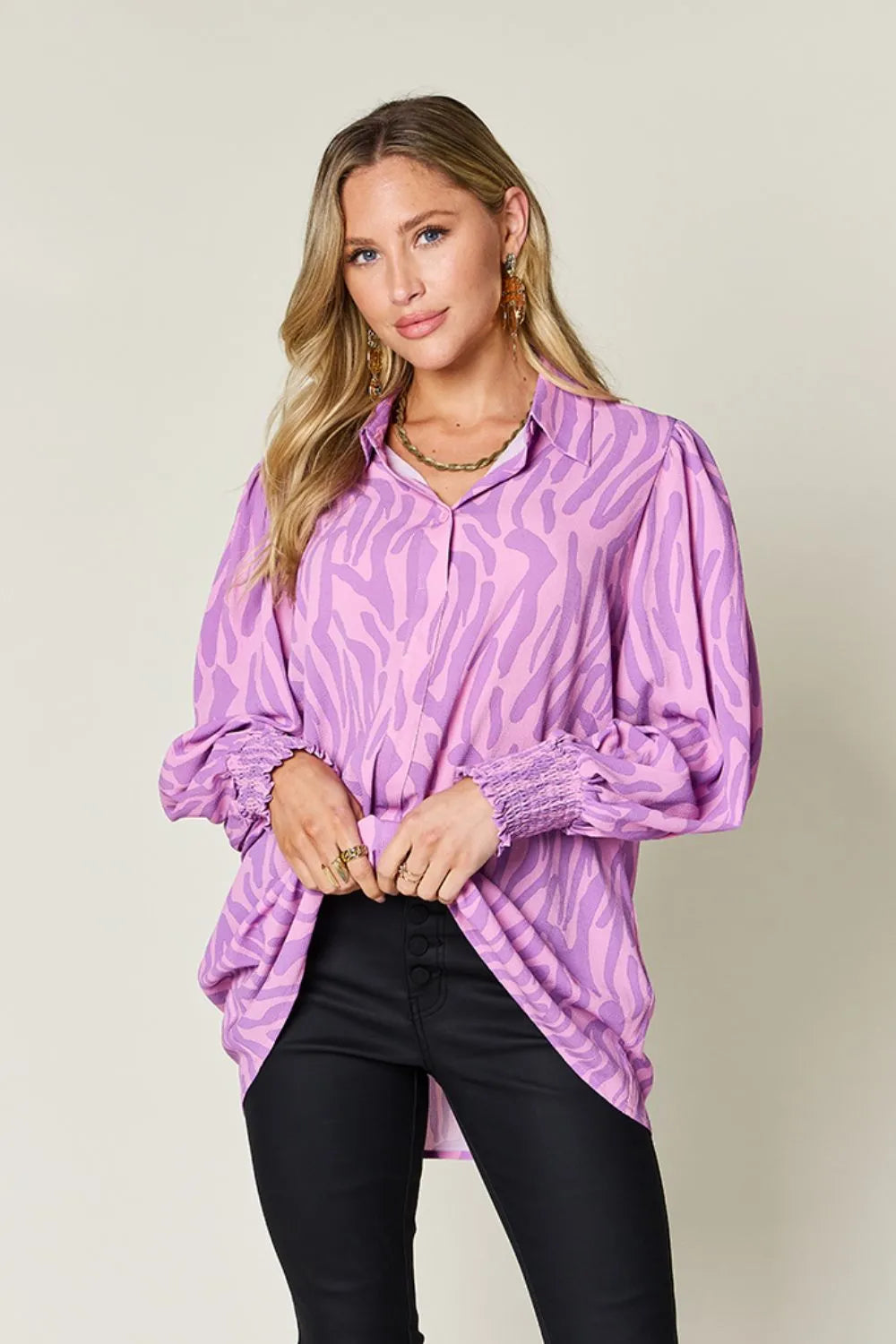 Printed smocked long sleeve blouse front view