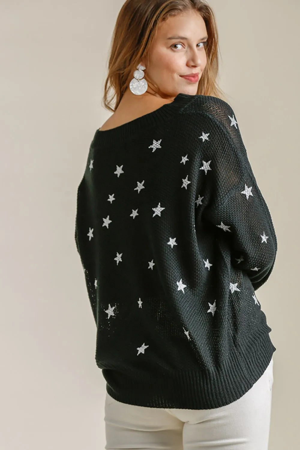 Star Print V Neck Long Sleeve Sweater Plus Size in Black back view
